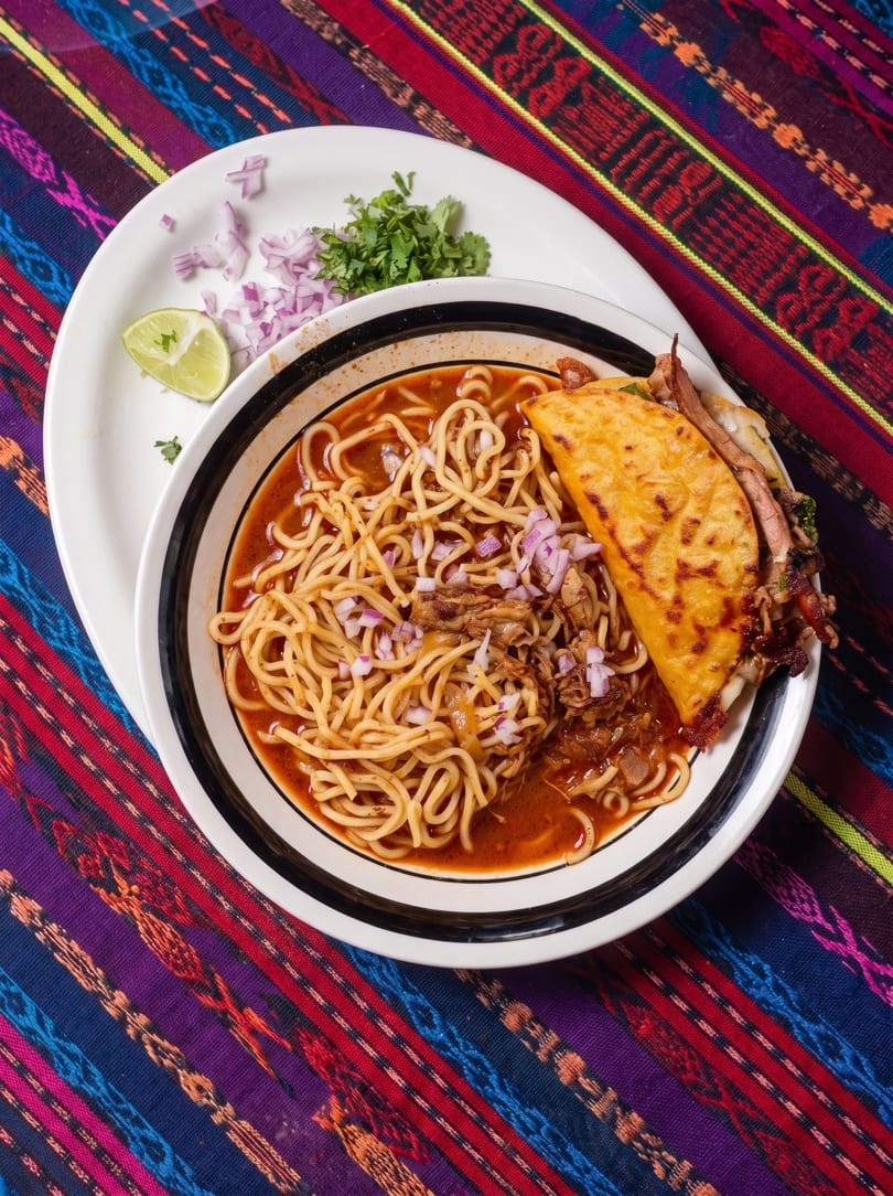 A bowl of birria ramen with a taco, lime, cilantro, and red onions on a colorful tablecloth.