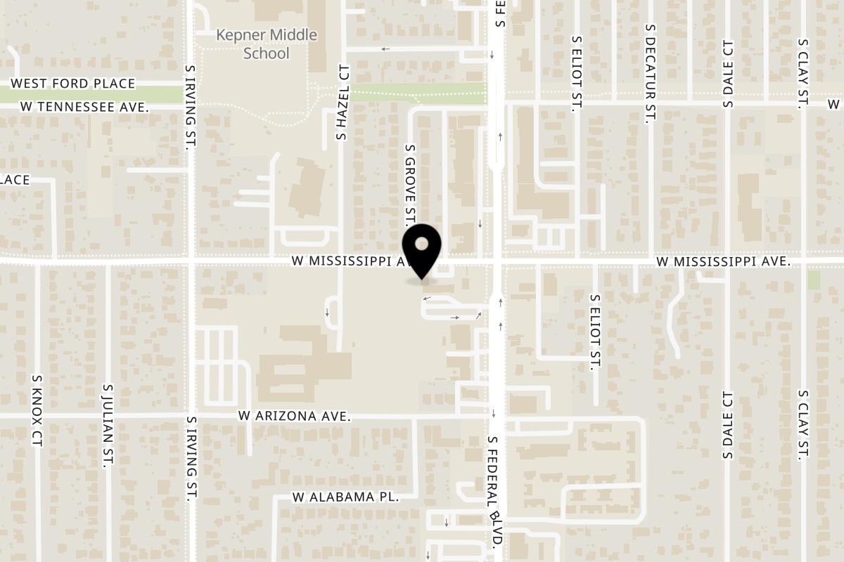 Map showing the location of Tacontento on 3054 W Mississippi Ave in Denver